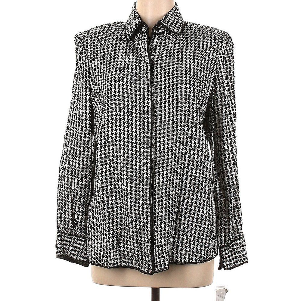 Anage  Black & White Houndstooth Padded Women's Sequin Beaded Blazer Jacket NWT